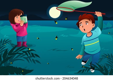 A Vector Illustration Of Happy Kids Catching Fireflies And Put Them In A Jar