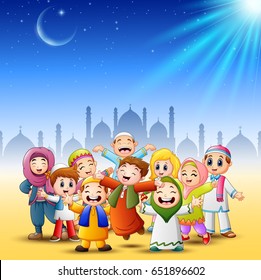 Vector illustration of Happy kids celebrate for eid mubarak with mosque background