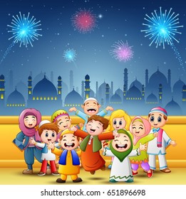 Vector illustration of Happy kids celebrate for eid mubarak with mosque and fireworks background