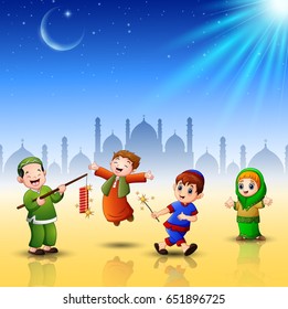 Vector illustration of Happy kids celebrate for eid mubarak with mosque background