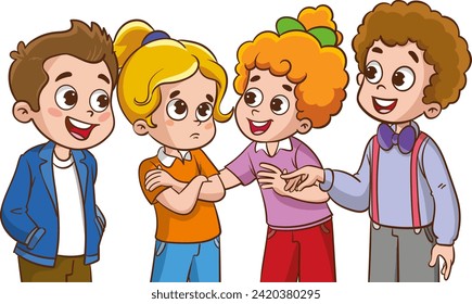 Vector Illustration of happy kids with different emotions.Friends trying to comfort friend who looks depressed