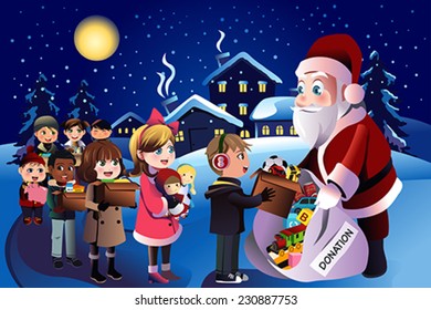 A vector illustration of happy kids donation during Christmas 