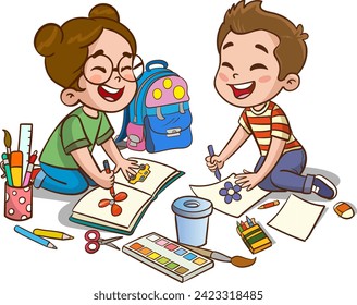 vector illustration of happy kids drawing with crayons.Happy little kids drawing painting together lying on the floor.