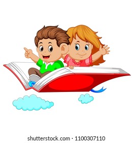 Vector Illustration Of Happy Kids Flying On Big Open Book