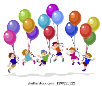 Vector illustration of happy kids flying balloons.