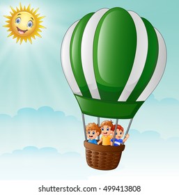 Vector illustration of  Happy kids flying in a hot air balloon 