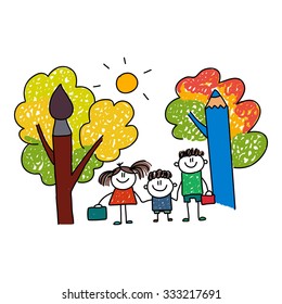 Vector illustration. Happy kids go to school.
