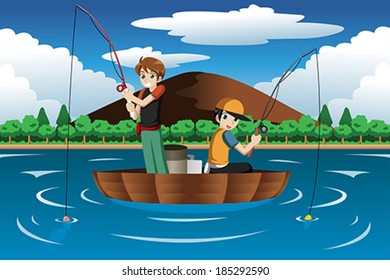 a vector illustration of happy kids going fishing on a boat 