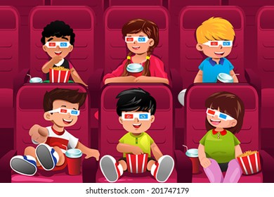 A vector illustration of happy kids going to a movie together