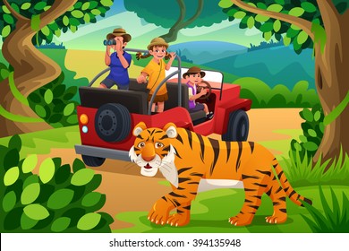 A Vector Illustration Of Happy Kids Going To Jungle Safari Together