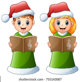 Vector illustration of Happy kids in green santa costume singing christmas carols