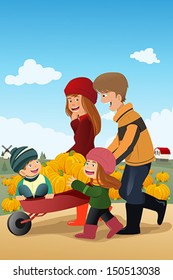 A vector illustration of happy kids having fun on a pumpkin patch with their parents
