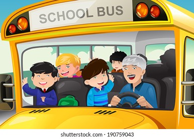 A vector illustration of happy kids having fun in a school bus