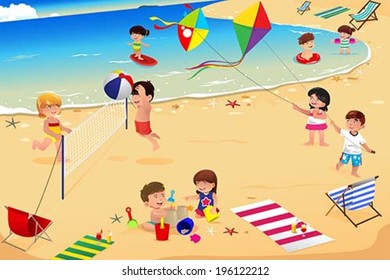 A vector illustration of happy kids having fun on the beach