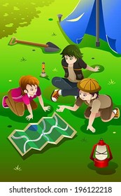 A vector illustration of happy kids having summer camp