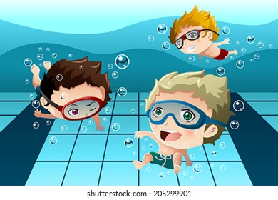 A Vector Illustration Of Happy Kids Having Fun In The Swimming Pool