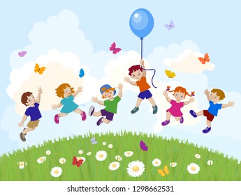 Vector illustration of happy kids jumping.