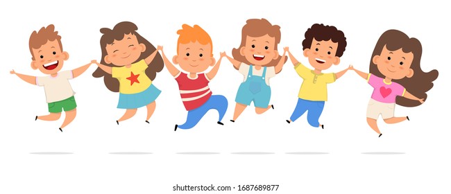 Vector illustration of happy kids jumping together holding each other hands.