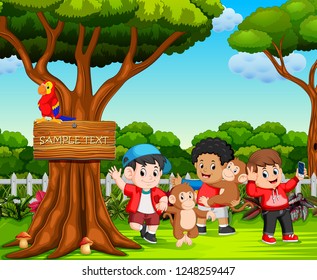 vector illustration of happy Kids and monkey playing in beautiful nature