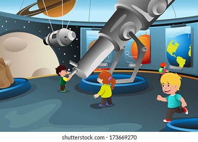 A vector illustration of happy kids on field trip to a planetarium