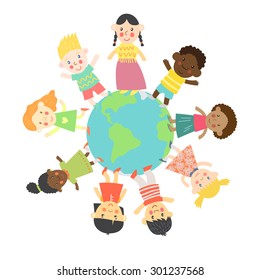 Vector illustration with happy kids on a globe earth.