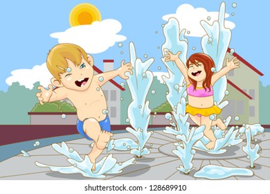 A vector illustration of happy kids playing in water fountain