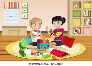A vector illustration of happy kids playing toys together