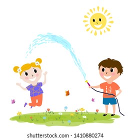 Vector illustration happy kids playing outdoors, boy hosing, cartoon design