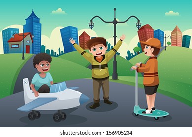A vector illustration of happy kids playing in the street of a suburban neighborhood