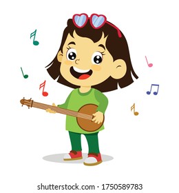 vector illustration of happy kids playing musical instrument, colorful musical notation. girl playing banjo