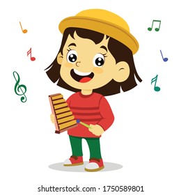 vector illustration of happy kids playing musical instrument, colorful musical notation. girl playing xylophone