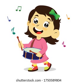 vector illustration of happy kids playing musical instrument, colorful musical notation. girl playing drum