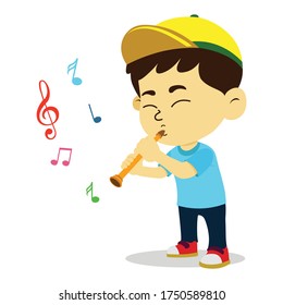 vector illustration of happy kids playing musical instrument, colorful musical notation. boy playing flute