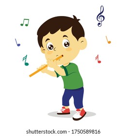 vector illustration of happy kids playing musical instrument, colorful musical notation. boy playing flute