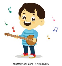 vector illustration of happy kids playing musical instrument, colorful musical notation. boy playing banjo