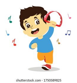vector illustration of happy kids playing musical instrument, colorful musical notation. boy playing tambourine