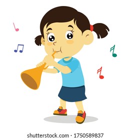 vector illustration of happy kids playing musical instrument, colorful musical notation. Girl playing trumpet
