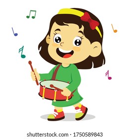 vector illustration of happy kids playing musical instrument, colorful musical notation. girl playing drum