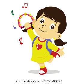 vector illustration of happy kids playing musical instrument, colorful musical notation. girl playing tambourine