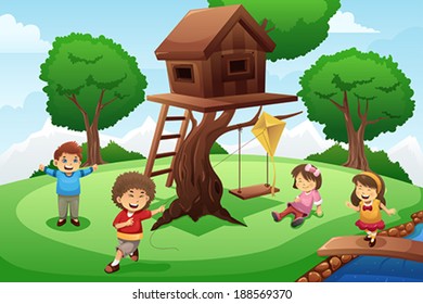 A vector illustration of happy kids playing around tree house