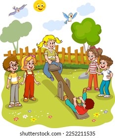 Vector illustration of happy kids playing in playground