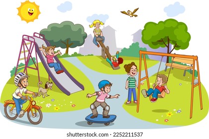 Vector illustration of happy kids playing in playground