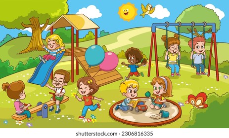 Vector illustration of happy kids playing in playground