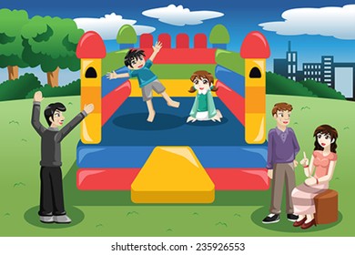 A Vector Illustration Of Happy Kids Playing In A Bouncy House