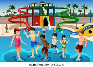 A vector illustration of happy kids playing in a waterpark