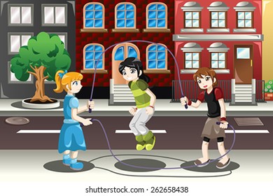 A Vector Illustration Of Happy Kids Playing Double Dutch