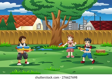 A Vector Illustration Of Happy Kids Playing With Water Gun In The Backyard