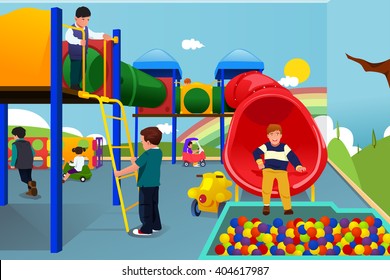 A vector illustration of happy kids playing in the playground