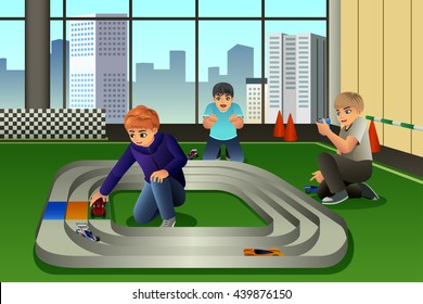 A vector illustration of happy kids playing to cars racing together