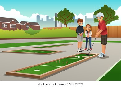 A Vector Illustration Of Happy Kids Playing Mini Golf